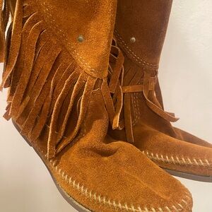 Fringed Suede Tan Moccasin Boots